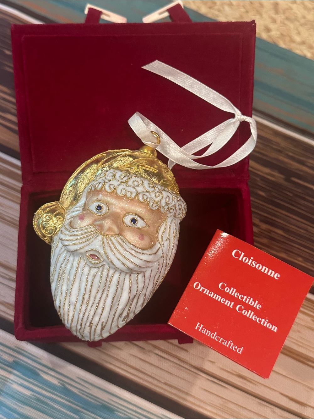 Cloisonné Victorian Handcrafted White & Gold Santa Head Christmas Ornament